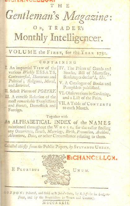 1731 cover of The Gentleman's Magazine or Trader's Monthly Intelligencer 1731