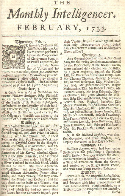 Report of murder, February 1733 - The Gentleman's Magazine