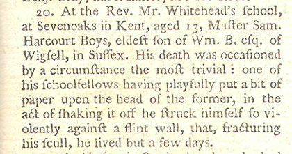 Obituary of Sam Harcourt Boys in May 1791 edition of The Gentleman's Magazine or Trader's Monthly Intelligencer 1731