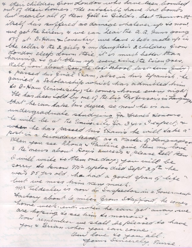 Page Two of the letter from Nurse Field to George - 1st November 1940