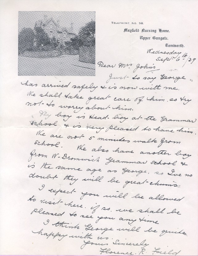 Letter from Nurse Field to George's Mother - Weds 6th September 1939