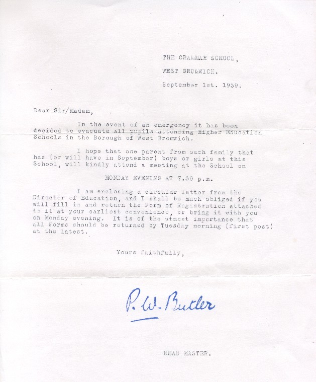 Letter from George's Head Master - 1st September 1939