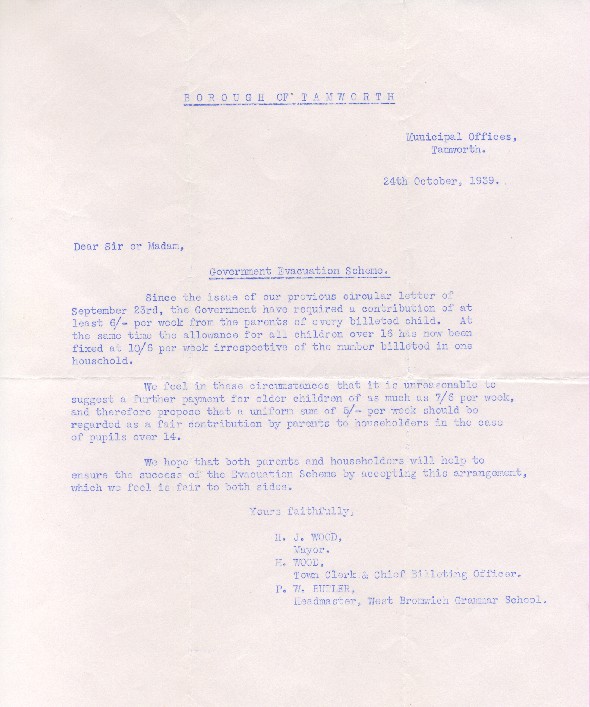 Letter from the Borough of Tamworth to George's parents - 24th October 1939