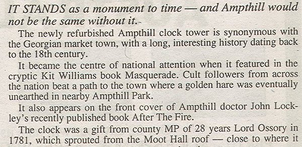 Ampthill clock tower newspaper article, enlarged text