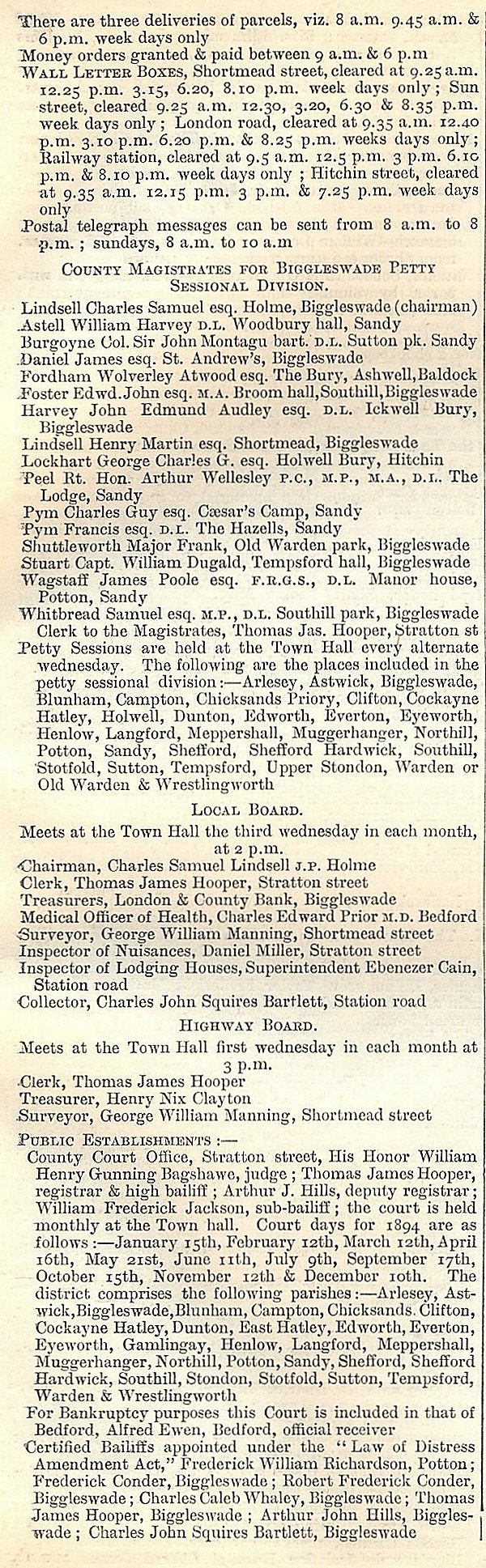 Biggleswade, from Kellys Directory 1894, page 49, enlarged text