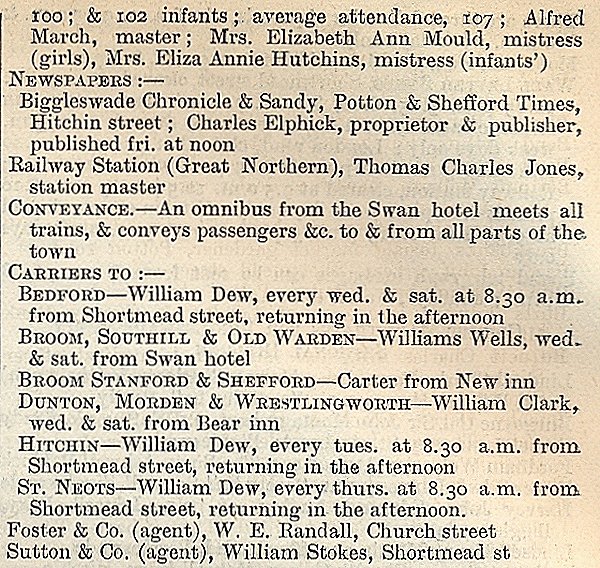 Biggleswade, from Kellys Directory 1894, page 50, enlarged text