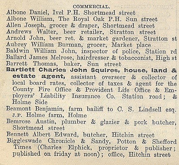 Biggleswade, from Kellys Directory 1894, page 50, enlarged text