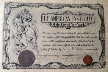 Certificate of acceptance of photographs by Annie E. Blake for exhibition by the American Institute of the City of New York, 1892