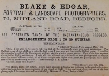 Advertisement for Blake and Edgar, Photographers, Bedford