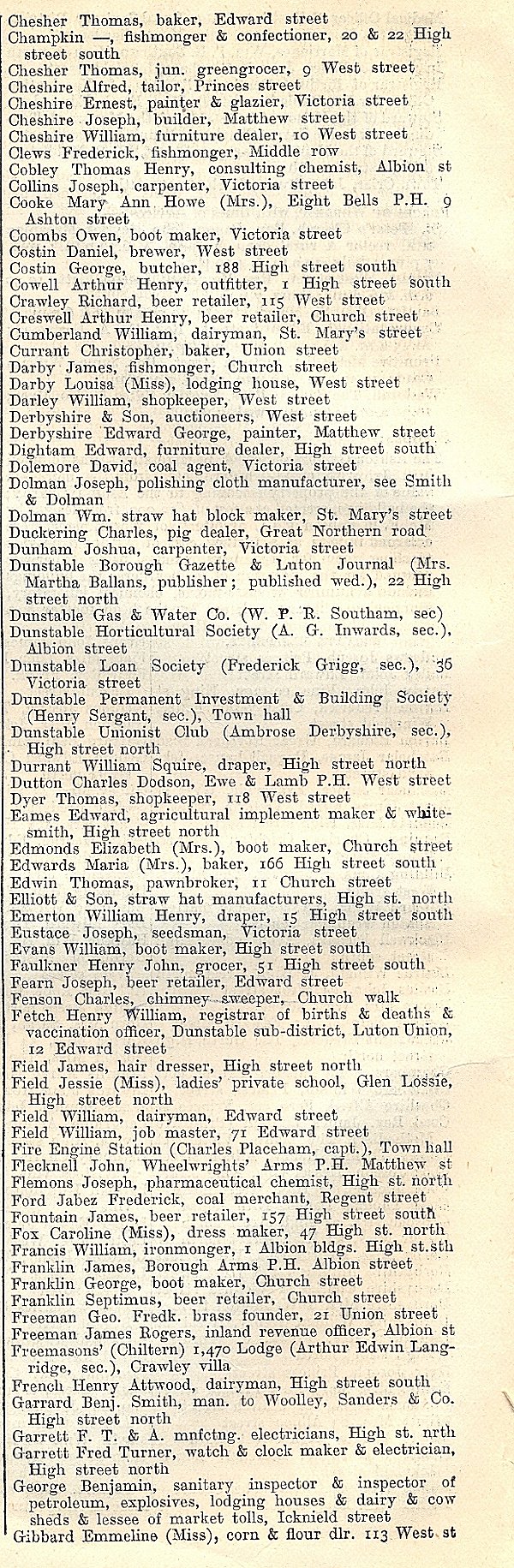 Dunstable, from Kellys Directory 1894, page 66, enlarged text
