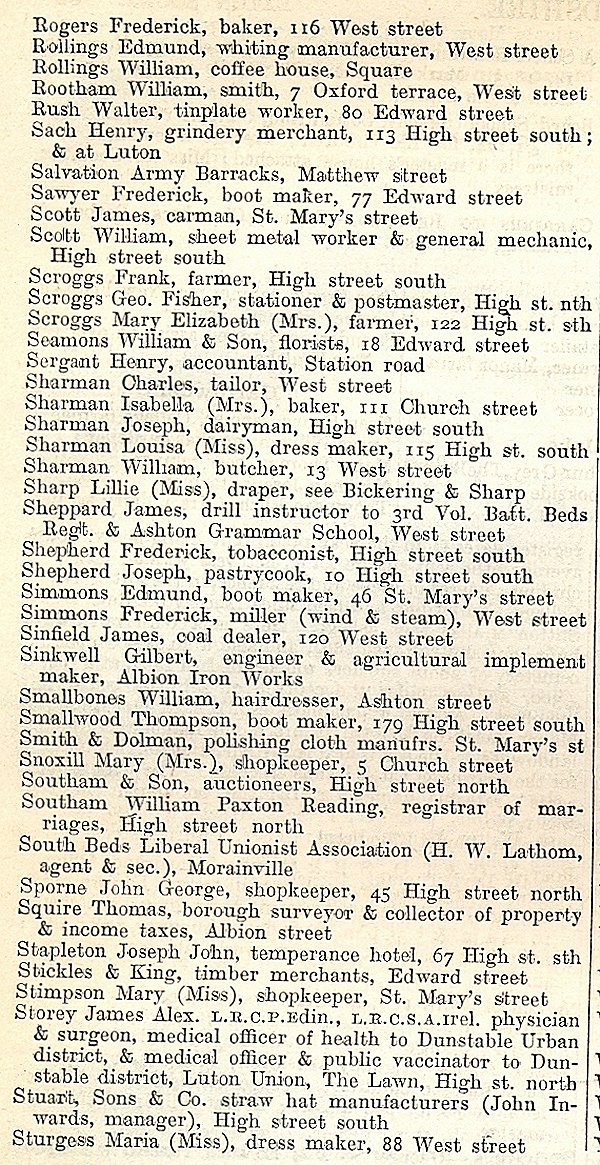 Dunstable, from Kellys Directory 1894, page 68, enlarged text