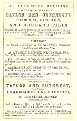 Advertisement for Taylor and Cuthbert, Pharmaceutical Chemists (late Palgrave) from the Bedford Directory, 1868