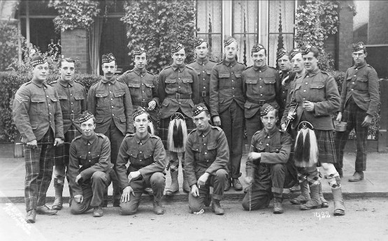 Men of No. 2 Section, ‘B'Company, 6th Seaforth Highlanders photographed outside their billet on 1st November 1914