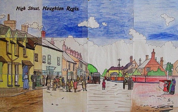 Painting by Merrymakers Group of postcard of c1895 of Houghton Regis High Street
