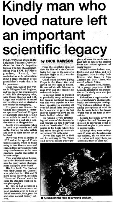 Kindly man who loved nature left important legacy, by Dick Dawson, Leighton Buzzard Observer, 22nd April 2003