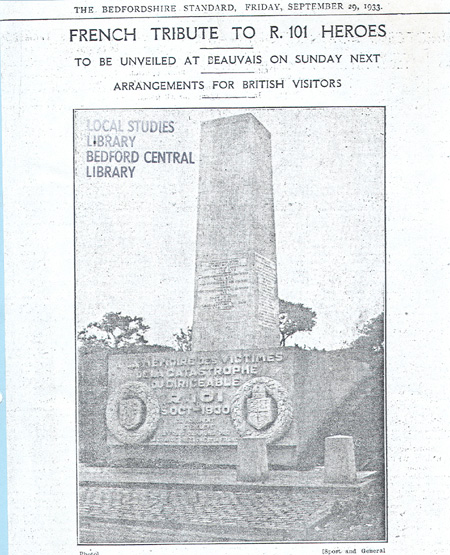 French Tribute to R101 Heroes - The Bedfordshire Standard 29th Sept 1933