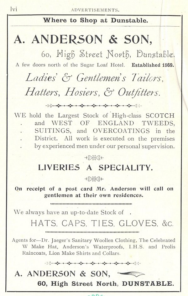Shop advert page lvi from 'Dunstable, its history and surroundings'