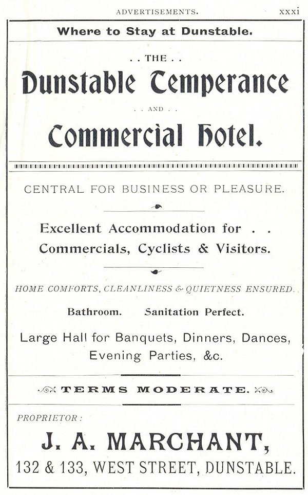 Dunstable Temperance and Commercial Hotel advert, page xxxi from 'Dunstable, its history and surroundings'