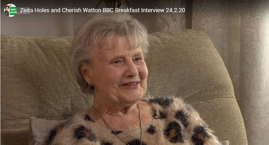 Screenshot of Zeita Holes being interviewed for BBC Breakfast on 24th February 2020 about her experience as a WW2 Land Girl and her memories of VE-Day in Luton, on 8 May 1945
