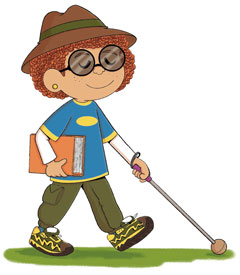 Boy with white stick carrying a book