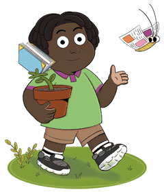Boy carrying a plant and book following a book butterfly