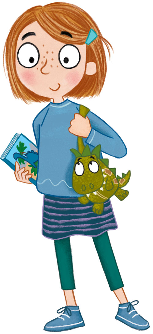 Sophia with mascot Doug the Dinosaur