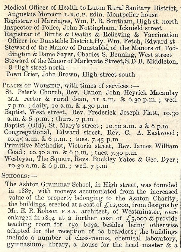 Dunstable, from Kellys Directory 1894, page 65, enlarged text