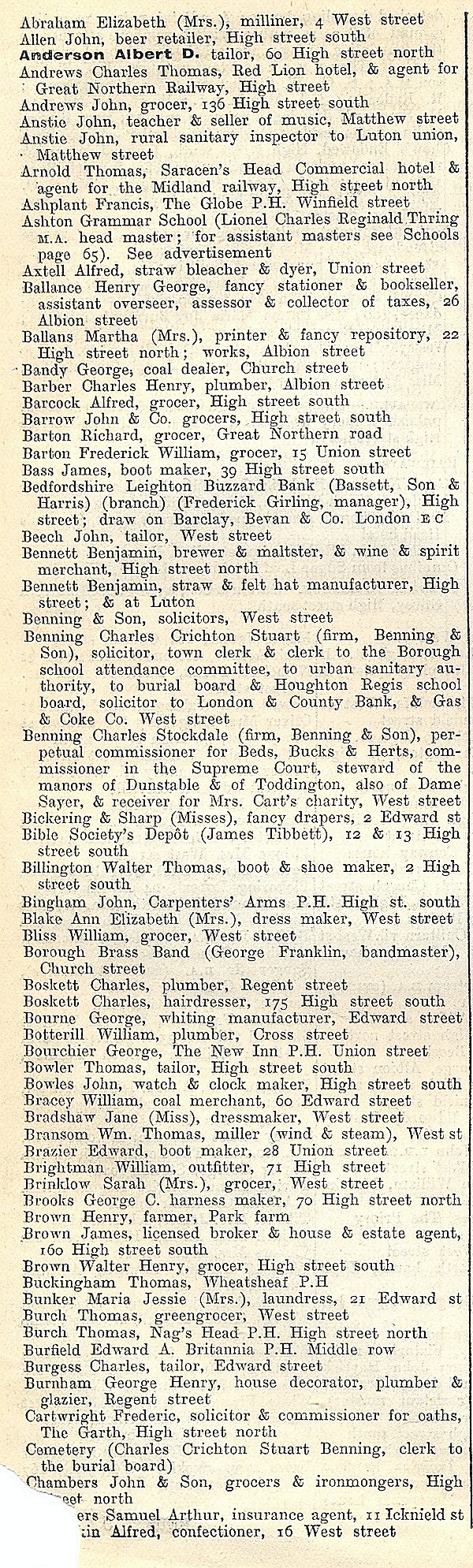 Dunstable, from Kellys Directory 1894, page 66, enlarged text