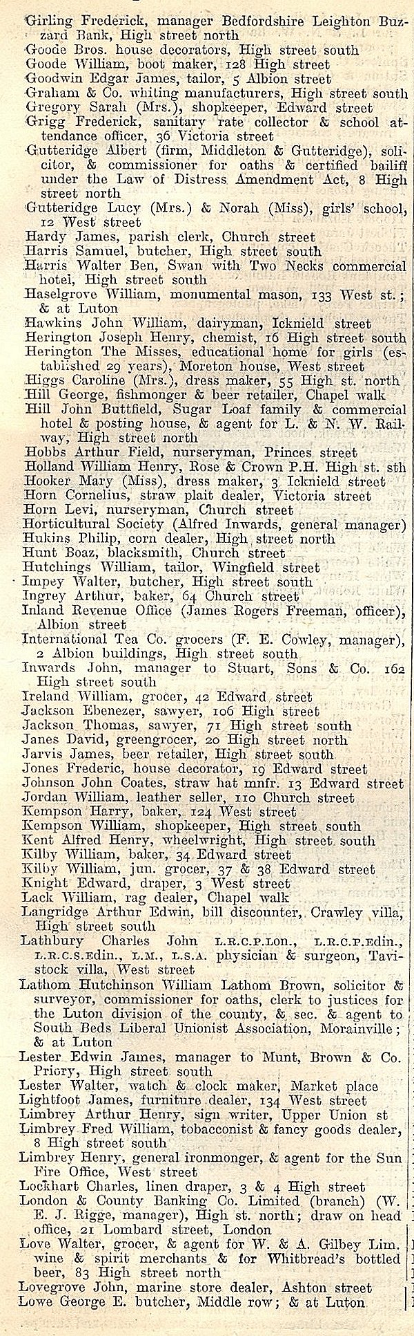 Dunstable, from Kellys Directory 1894, page 67, enlarged text