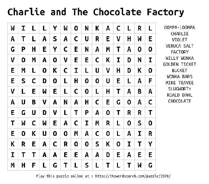 Charlie and the Chocolate Factory Wordsearch