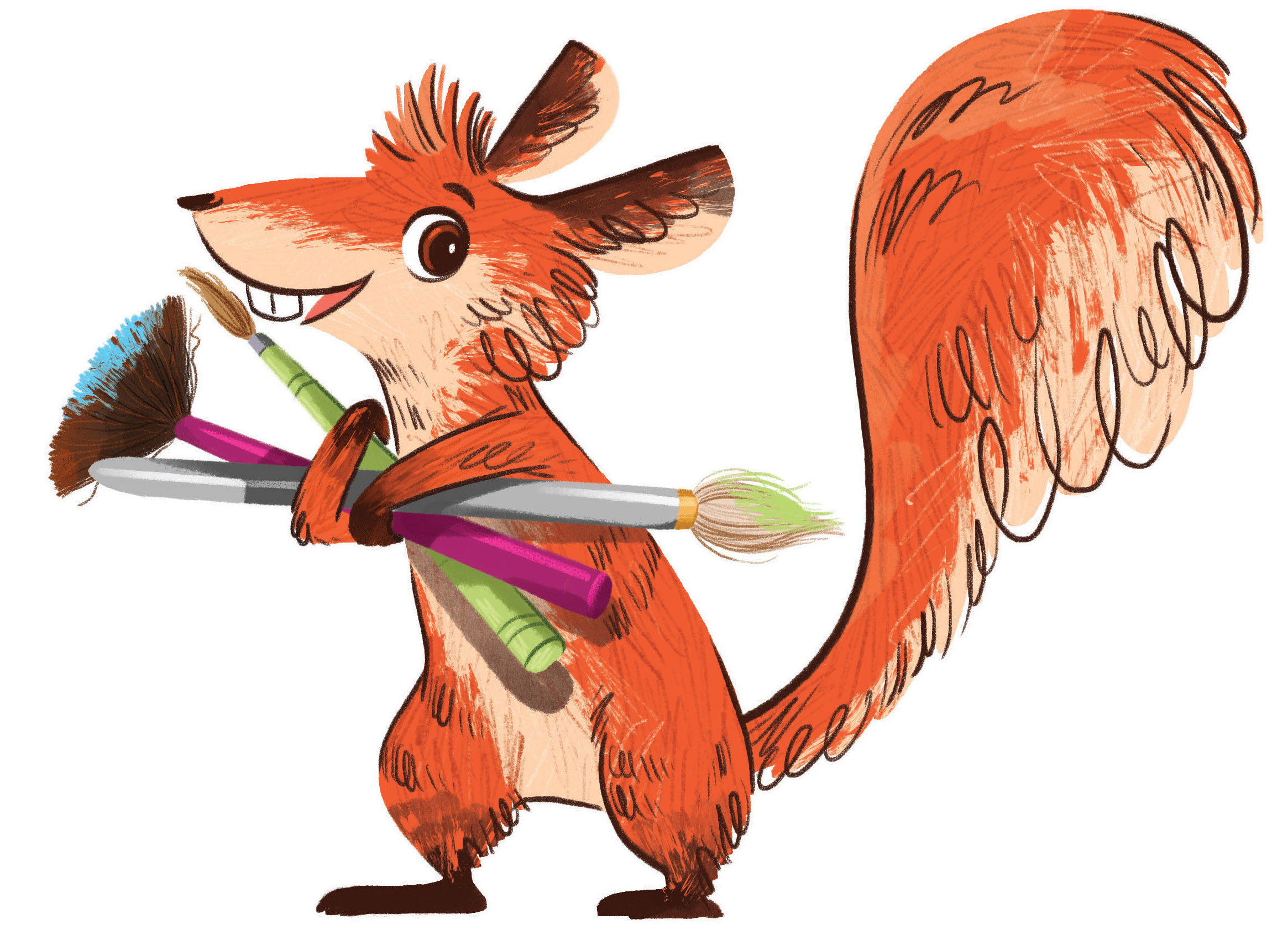 Tails the squirrel with paintbrushes and crayons
