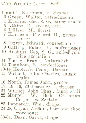 Entry from Kelly's Directory, 1906, for The Arcade (Lower End)