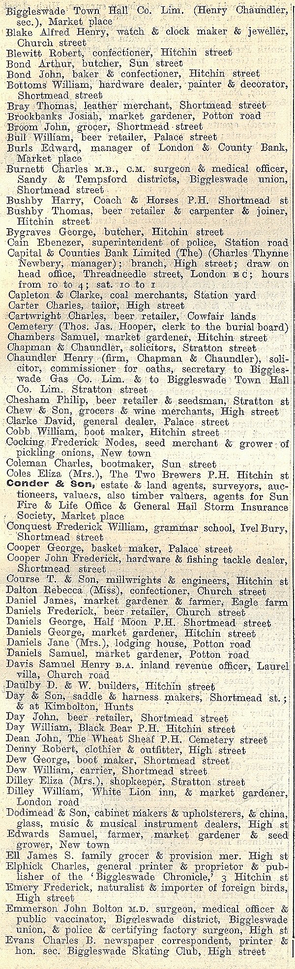 Biggleswade, from Kellys Directory 1894, page 51, enlarged text