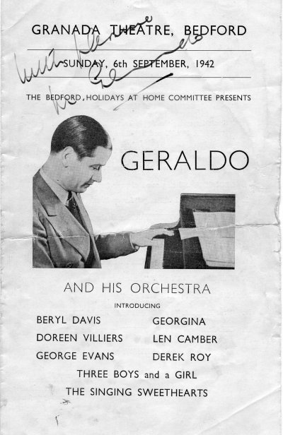 Concert programme at the Granada, Bedford, 6th September 1942, signed by Geraldo. Copyright Alan Crawley