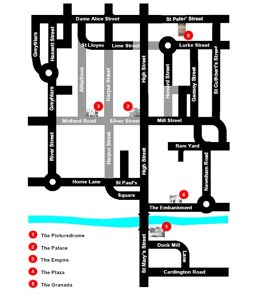 Map of central Bedford showing cinema locations