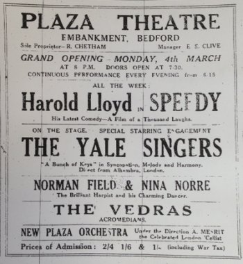 Plaza Cinema, Bedford. Advertisement in Beds Times 1.3.1929 for 'Grand Opening'