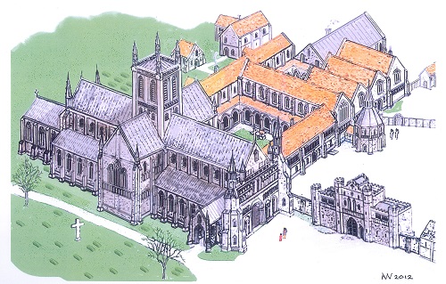 Dunstable Priory conjectural view c. 1470