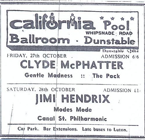 Advert for Jimi Hendrix concert at the California Ballroom, Dunstable, 28th October 1967