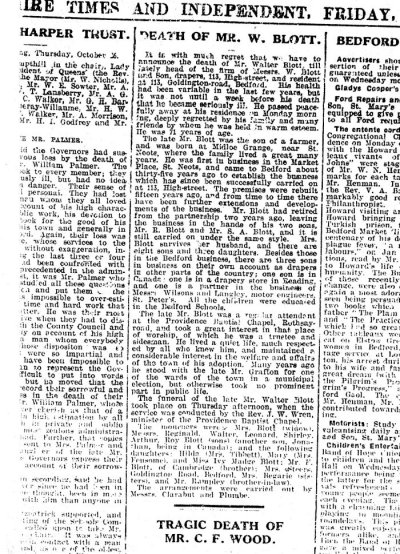 Mr W. Blott Obituary Bedfordshire Times and Independent 27th October 1922