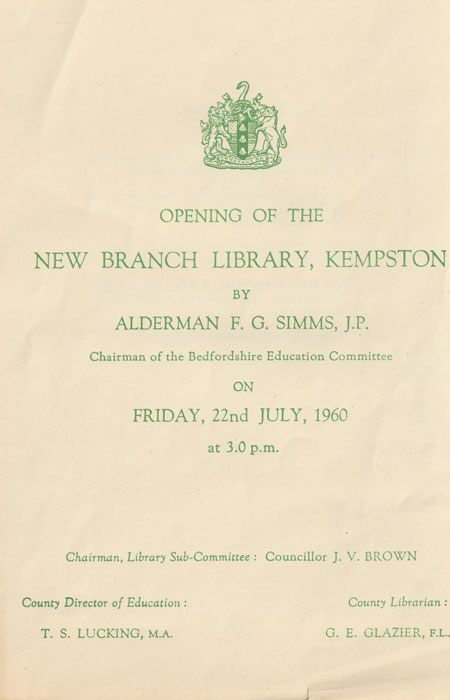 Programme Cover for Kempston Library Opening Ceremony 22nd July 1960