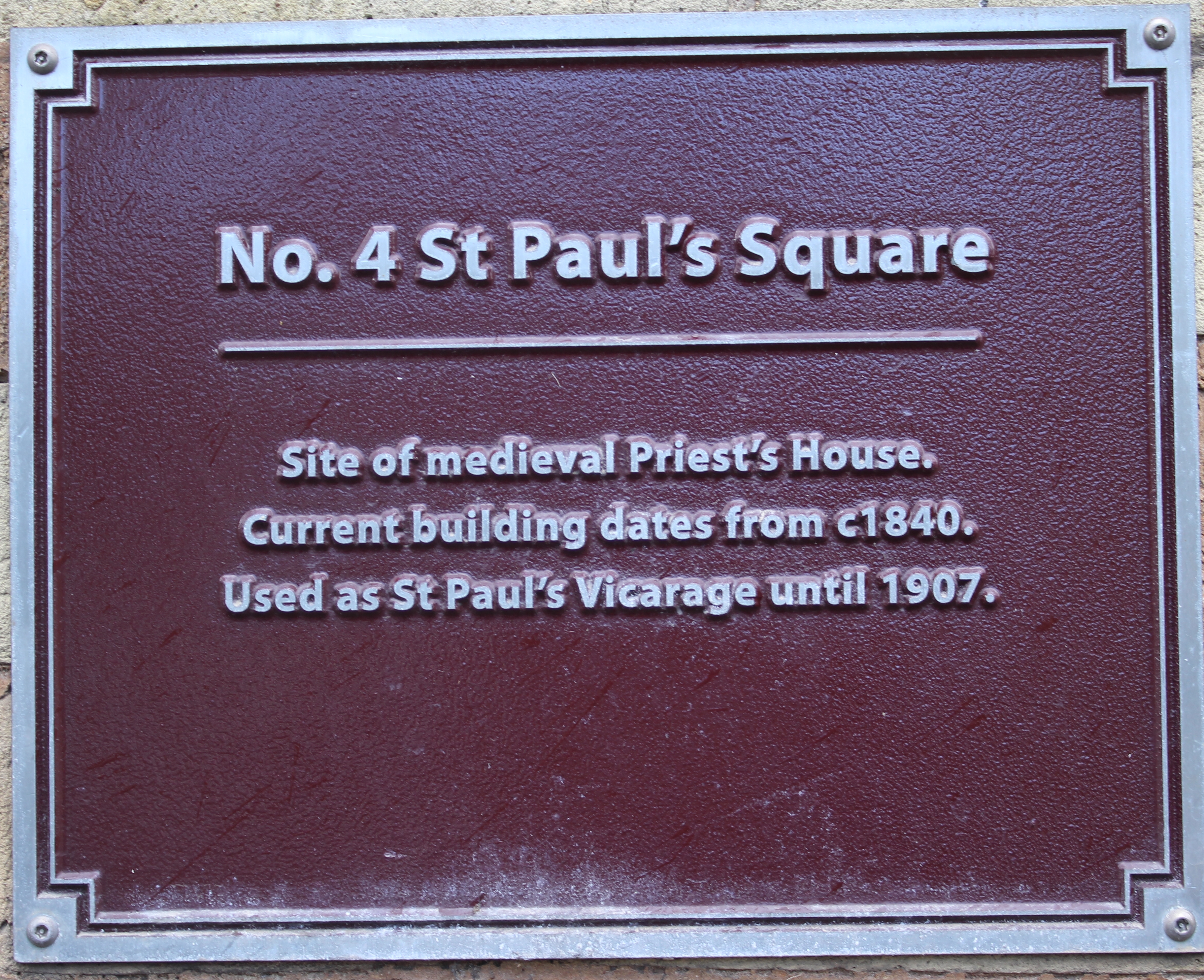No 4 St Paul's Square commemorative plaque