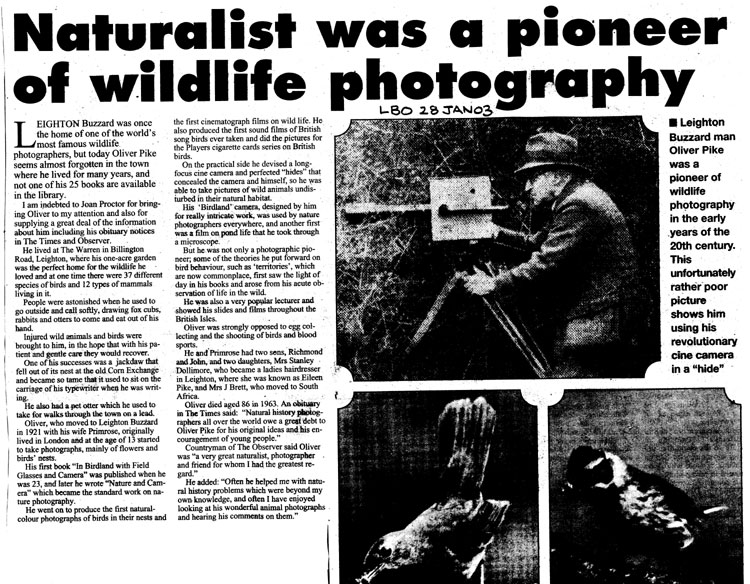 Naturalist was a pioneer of wildlife photography, Leighton Buzzard Observer, 28th January 2003