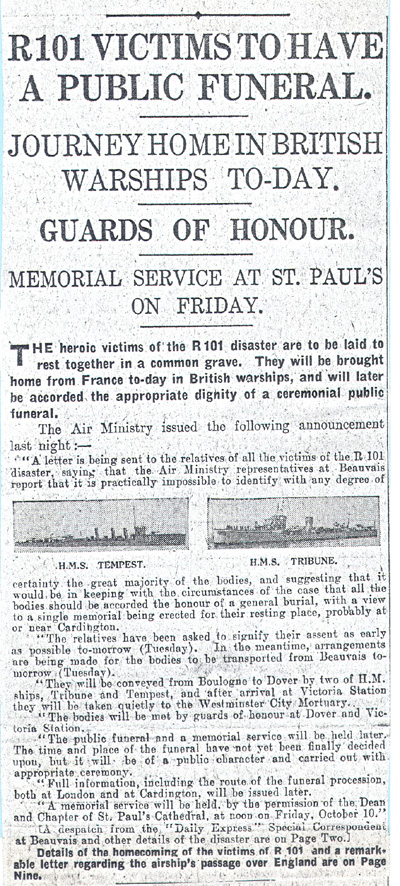 R101 Victims to have public funeral - Daily Express 7th October 1930