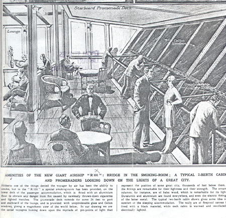 Artist's Impression of the Starboard Promenade Deck  in the R101 - The Illustrated London News 9th March 1929