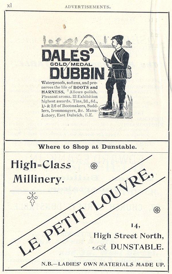 Shop advert  page xl  from 'Dunstable, its history and surroundings'