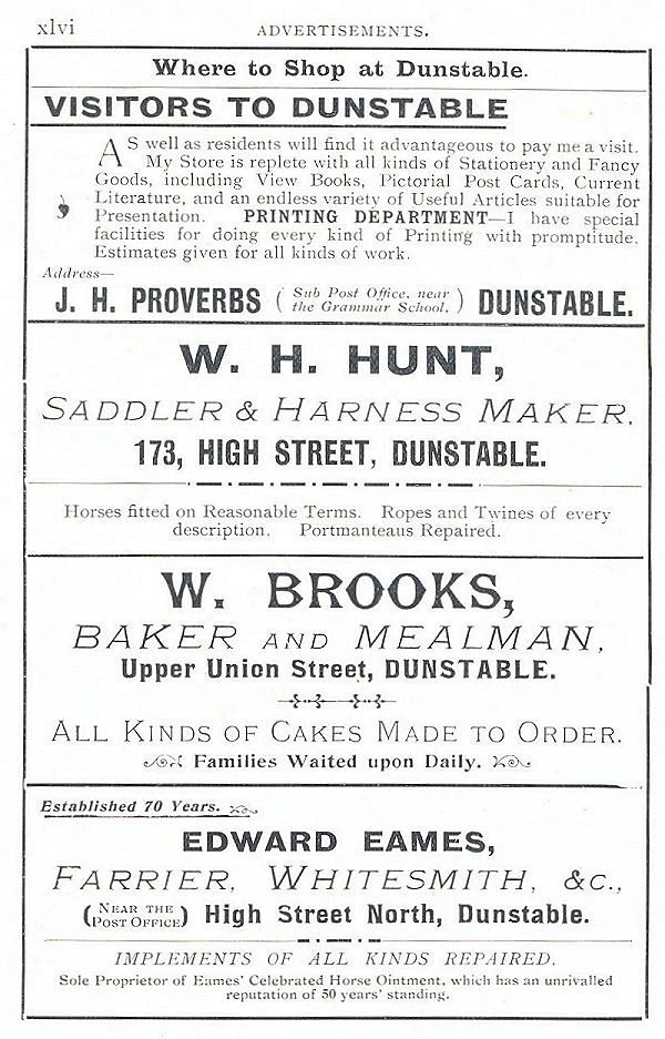 Shop advert page xlvi from 'Dunstable, its history and surroundings'
