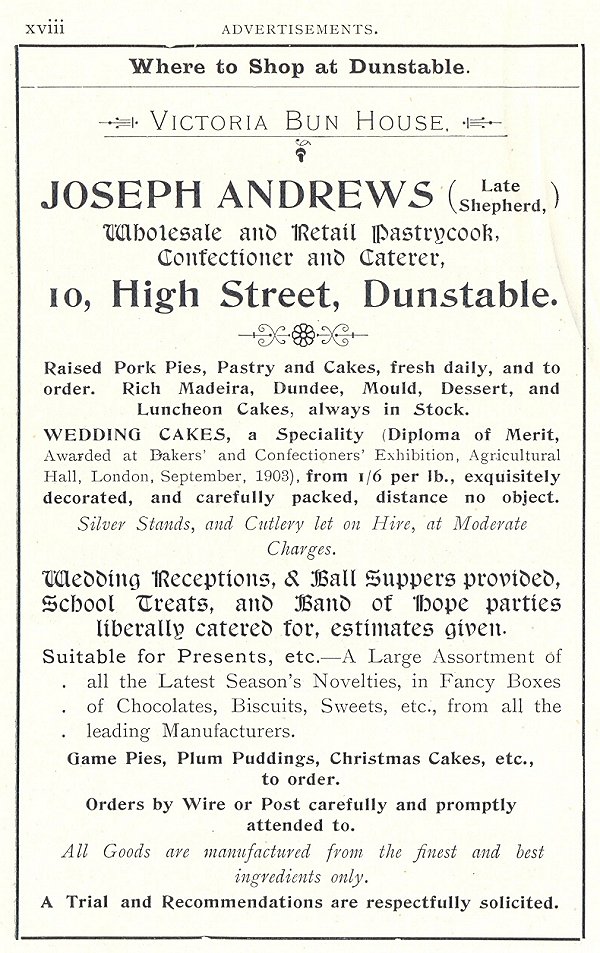 Shop advert page xviii  from 'Dunstable, its history and surroundings'