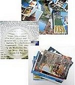 Old postcards and a magnifying glass on text
