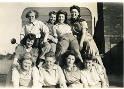 Bolnhurst Land Girls on Lorry bonnet - includes Peggy Shaw and Vera Jobling