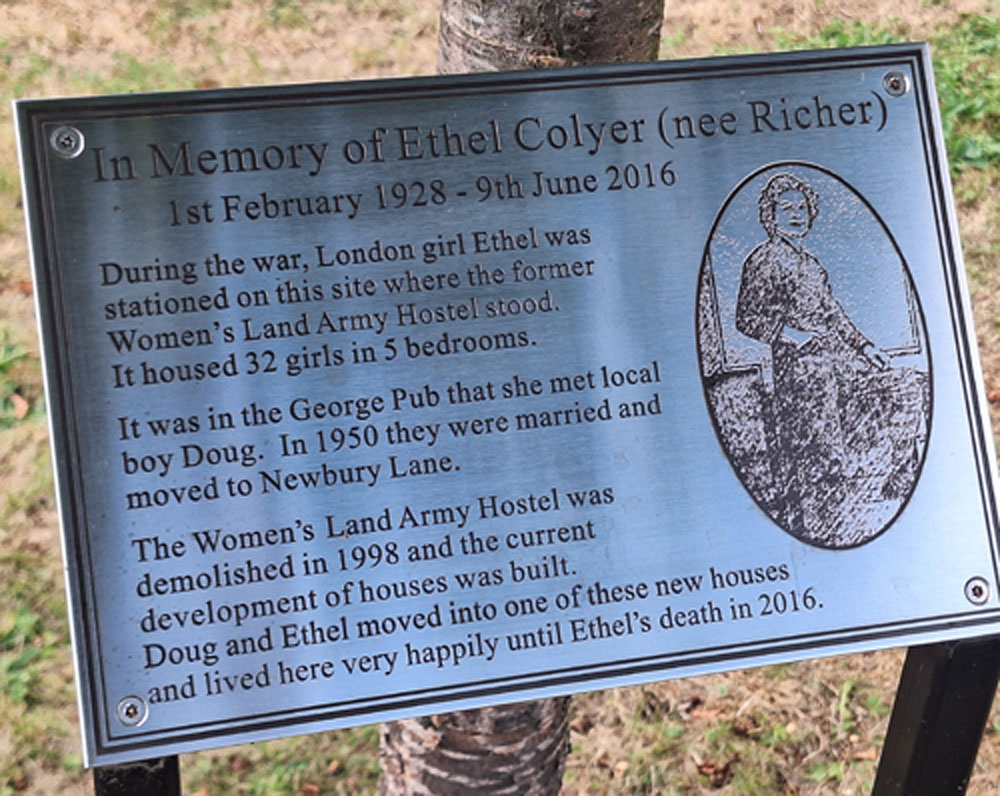 Memorial tree plaque for Ethel Colyer (Nee Richer) at the site of the former Silsoe WLA hostel